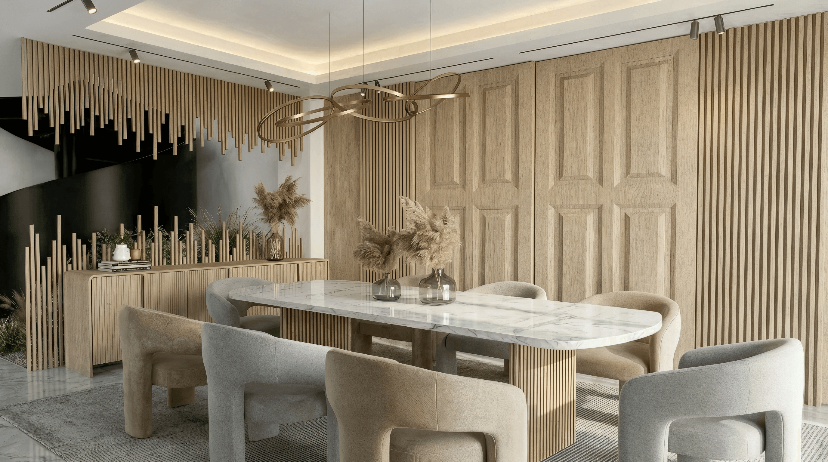 Comedor con mesa central y detalles en madera