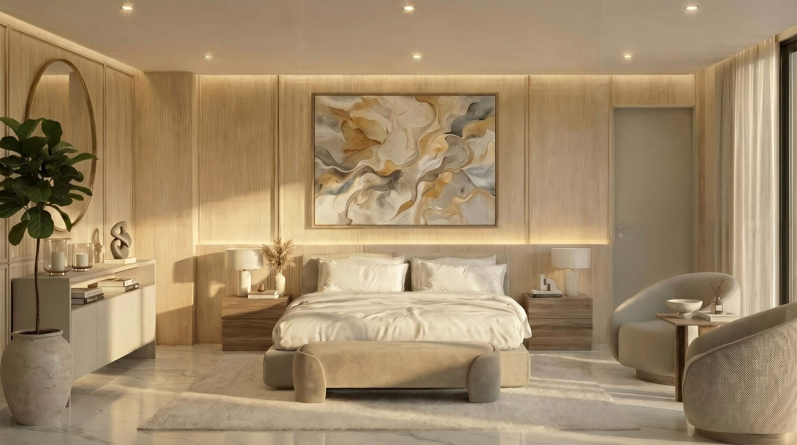 Dormitorio principal con maderas claras y obra de arte central